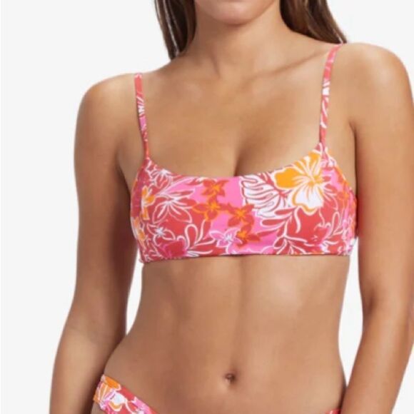 Roxy Juniors Sea Spray Bralette Bikini Top - Hilo Hibiscus Printed Swimsuit Red - Picture 4 of 12